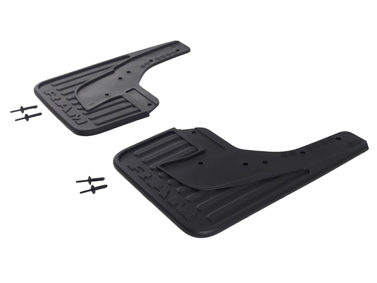 Mopar Splash Guards Rear Pair Rubber Black With RAM Logo For Trucks With Fender Flares
