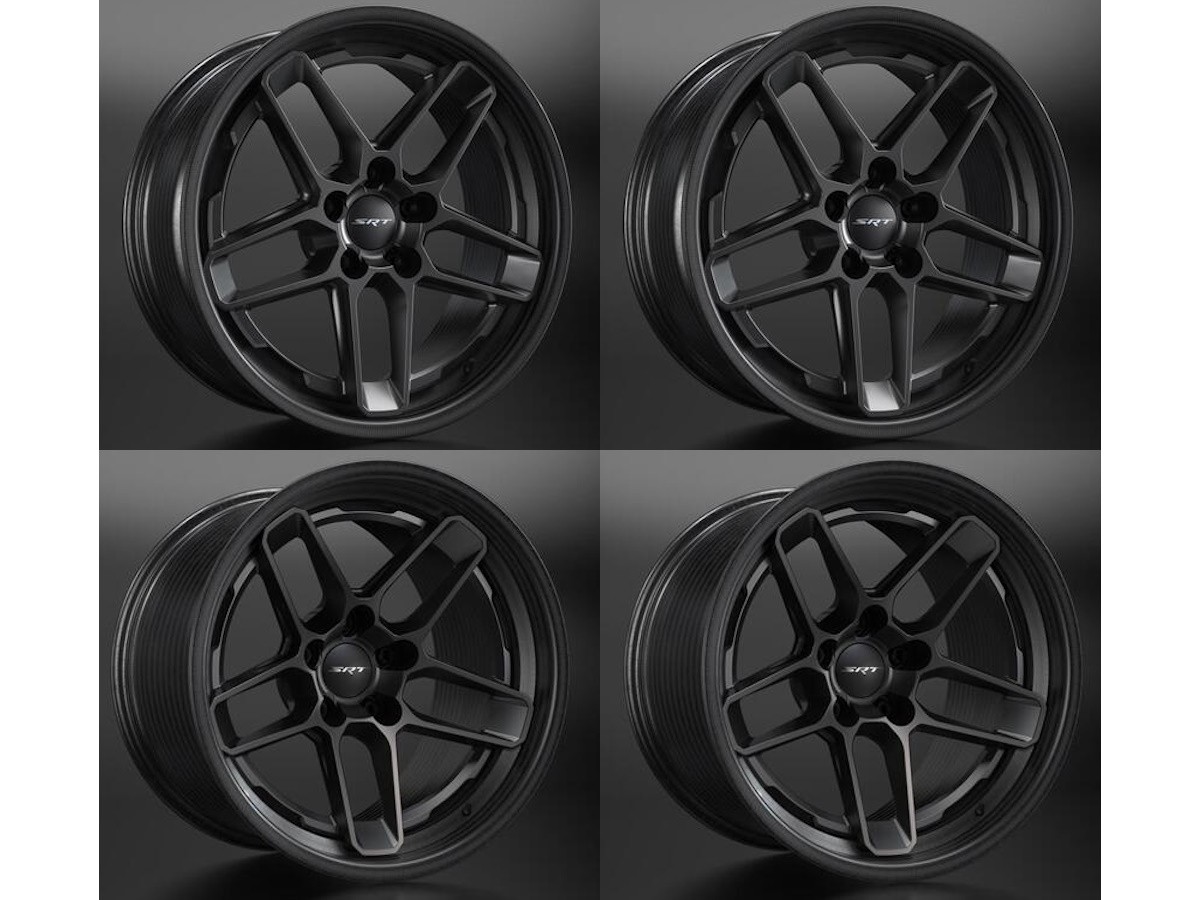 Mopar Performance Direct Connection Kit Of Four Wheels D170 Carbon Fiber 18x8 Front And 17x11 Rear With Center Caps TPMS And Lug Nuts