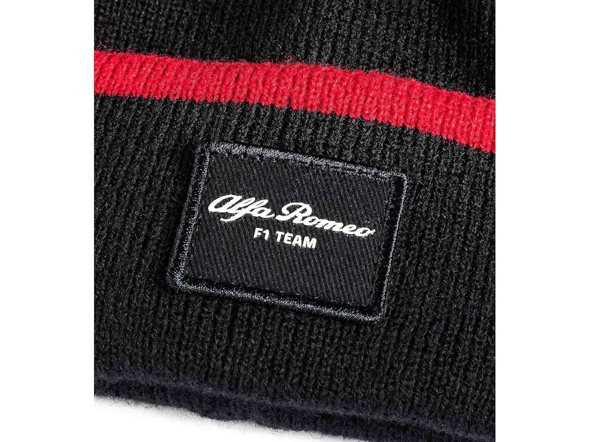 Alfa Romeo Racing F1 Team Knit Beanie Hat Black And Red With Alfa Romeo F1 Team Logo